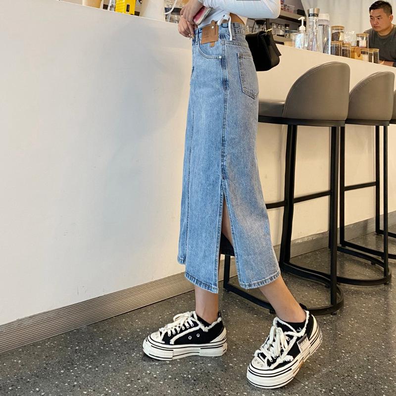 

Шикарная джинсовая юбка с высокой талией и разрезом: Узкий А-силуэт с запахом на бедрах для женщин XXL светло-синий