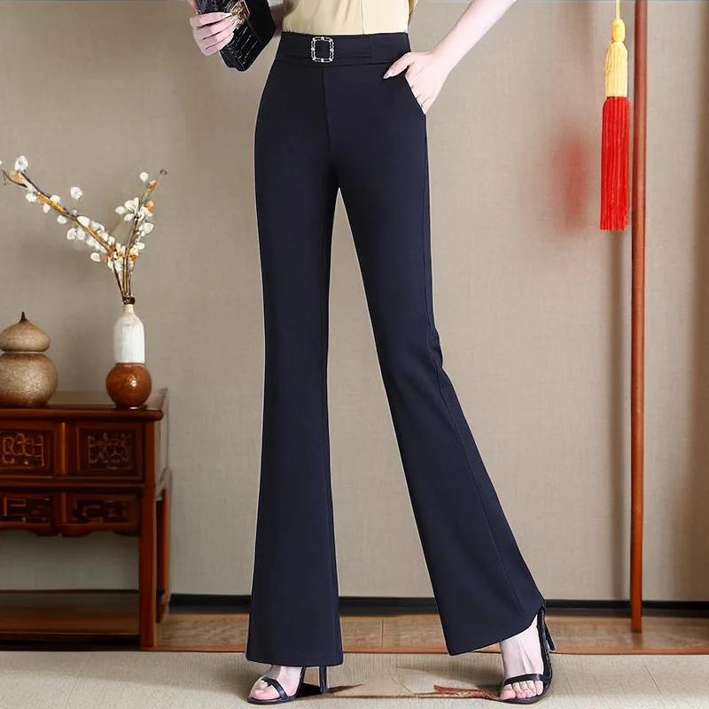 Autumn and Winter Women's Solid Colors Elastic High Waist Fashion Slim Boot Cut Pants Pockets Classic Casual Commuter Trousers