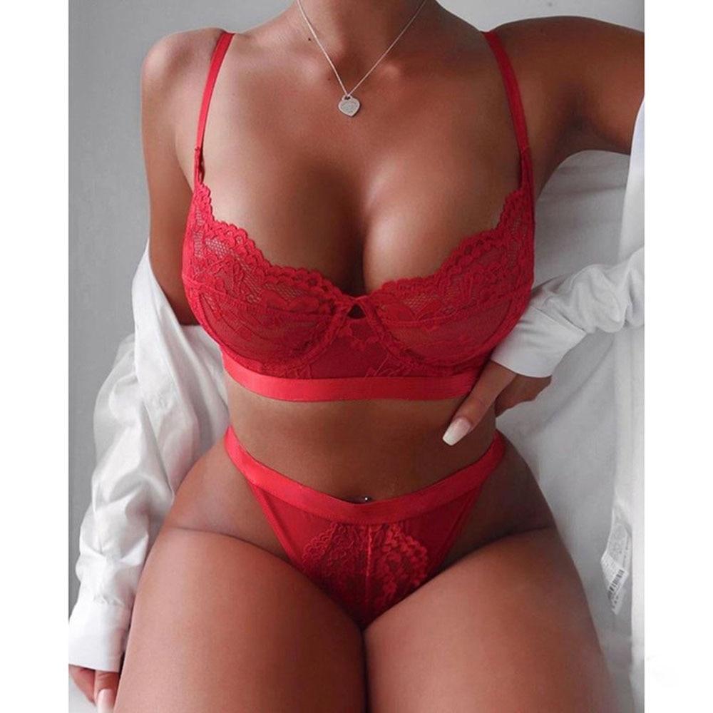 Sexy Perspective Lingerie Lace Bra Bikini Pajamas Underwear Three-point Split Bra Briefs Set