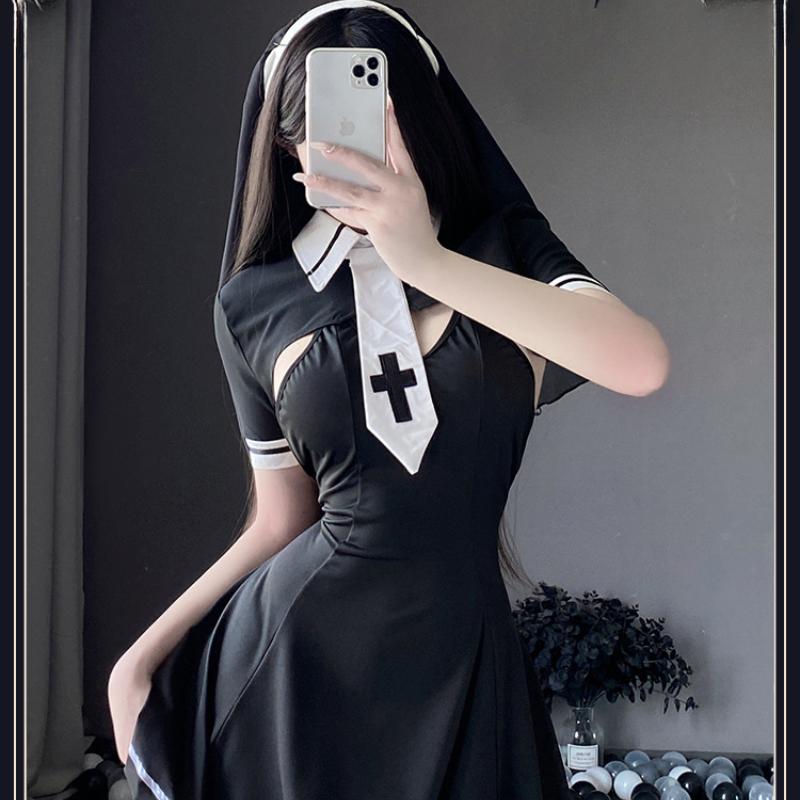 Sexy Nun Costume Women Cosplay Lingerie Gothic Maid Costume Nun Dress Anime Roleplay Halloween Outfits Tassel Black