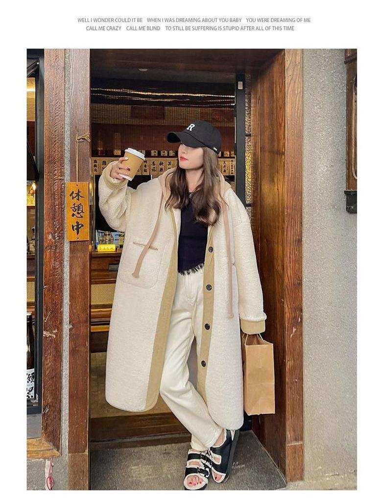 Beige Hooded Lambswool Mid-Length Coat - Thickened Korean Style, Loose Fit, Autumn/Winter Plush Jacket