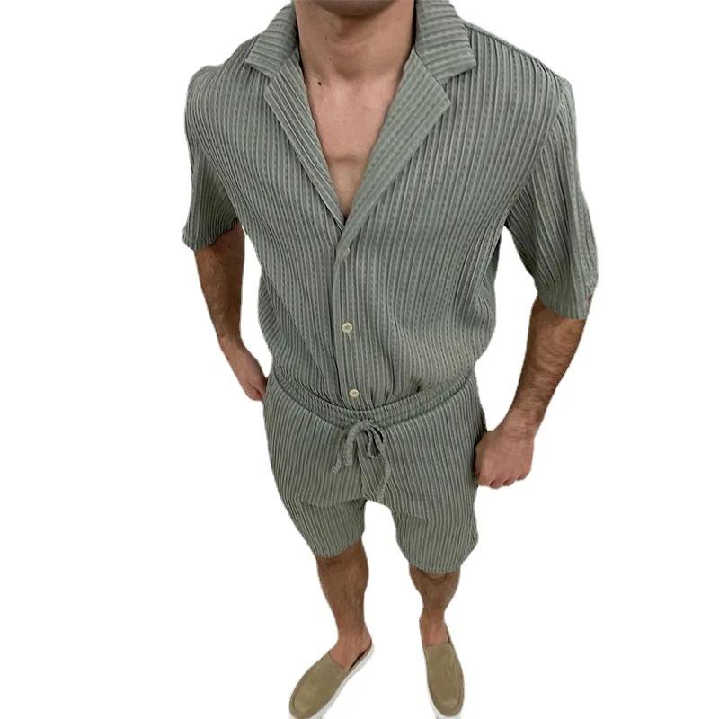 Men Sets Summer Casual Short-sleeved Shirt Shorts Fashion Striped Suit Male Two-piece Set