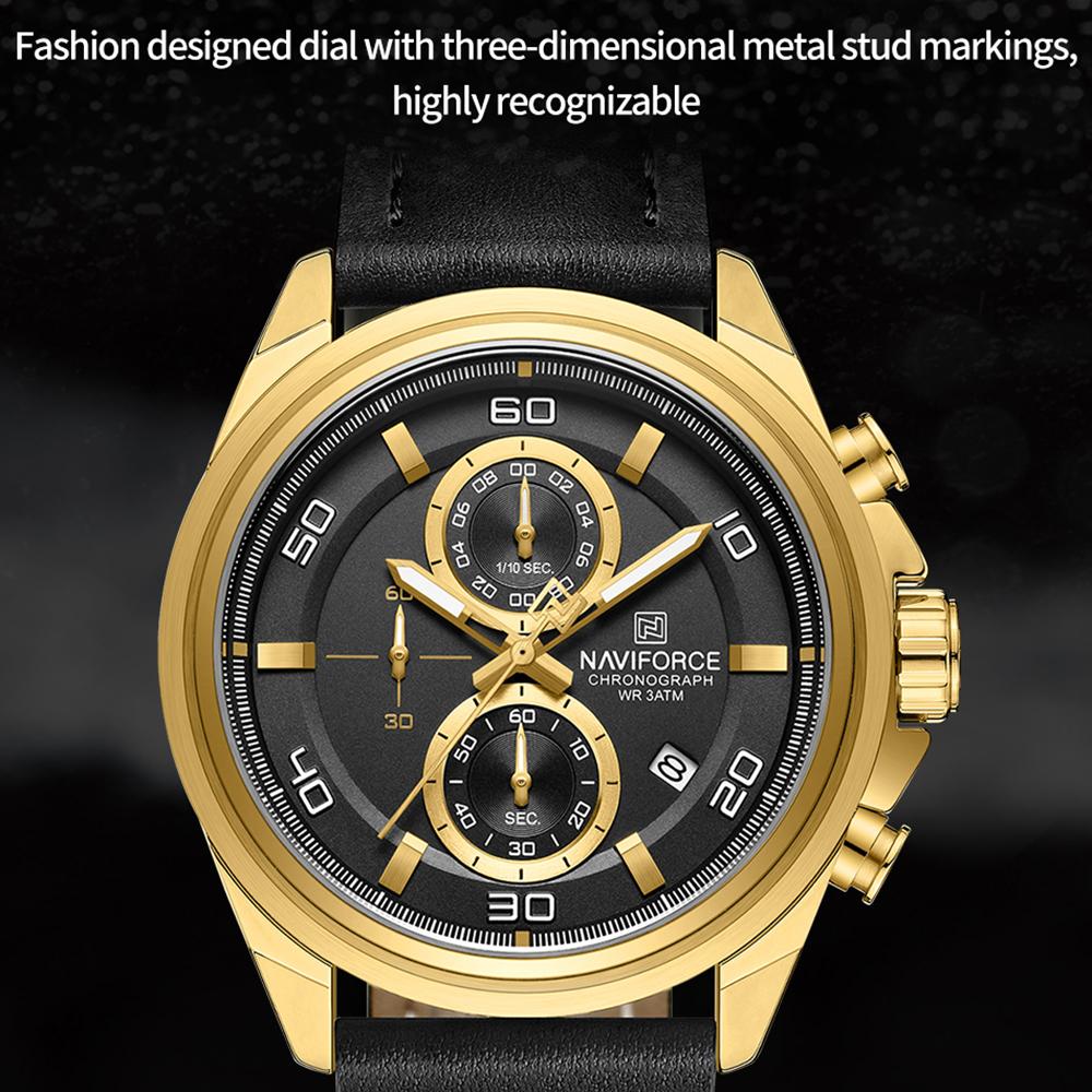 NAVIFORCE Men's Leather Watch Stopwatch Chronograph Calendar Luminous Hand Waterproof 3ATM Casual Business Fashion Watch NF8075