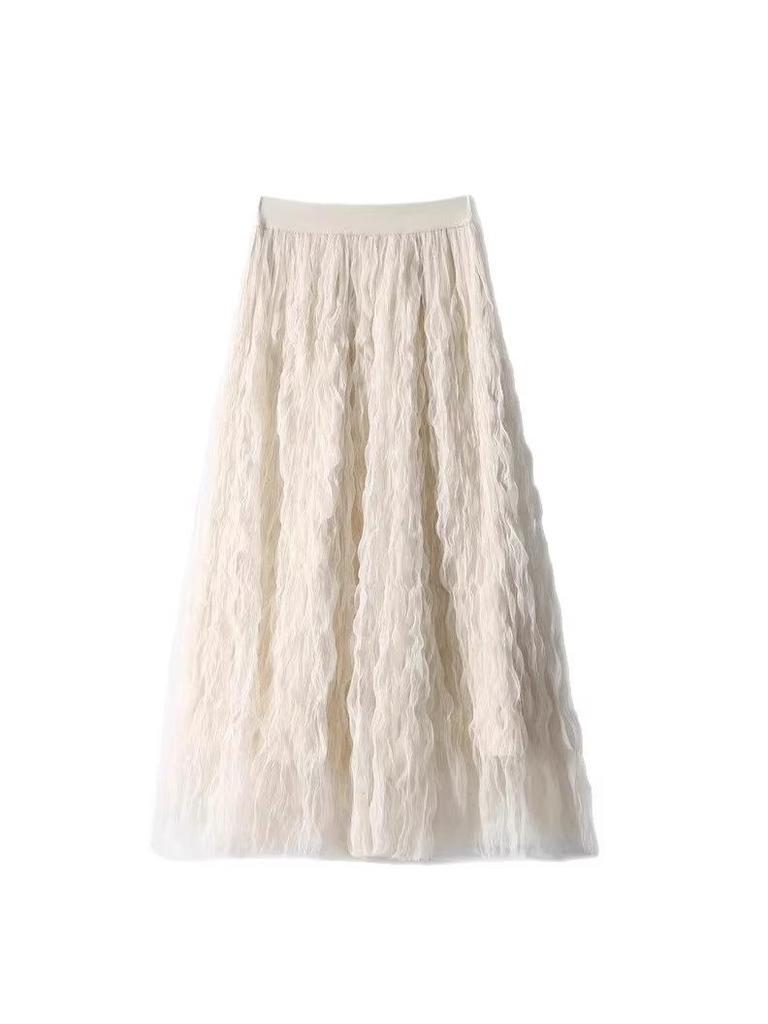 2026 Summer Elegant High Waist Mesh A-line Skirt with Wave Pleats for Women