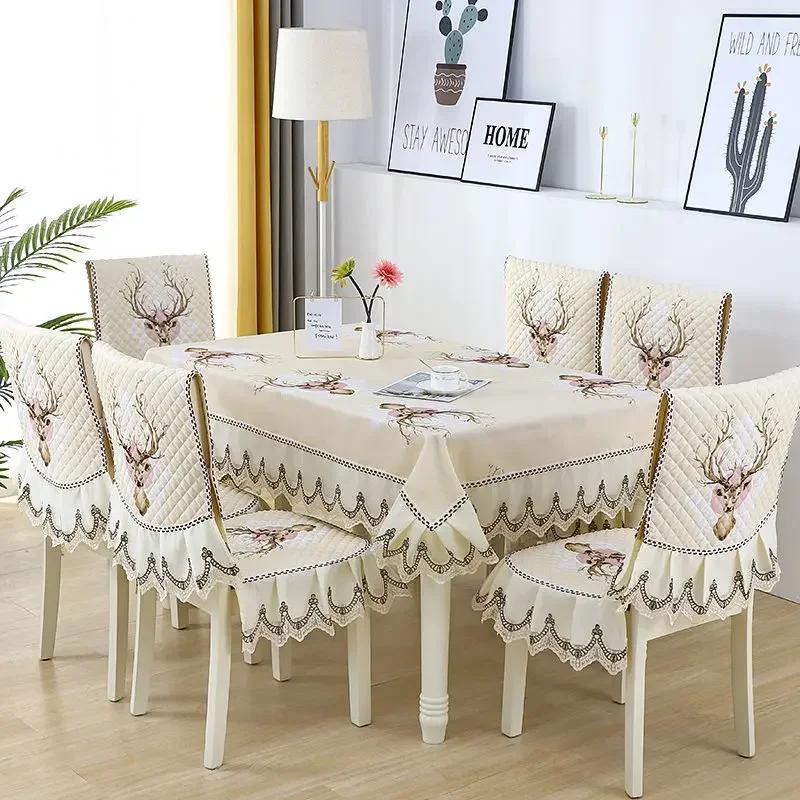 European Style Non Slip Dining Table Fabric Lace Edge Printed Chair Cover Four Seasons Universal Dining Chair Cushion Cover