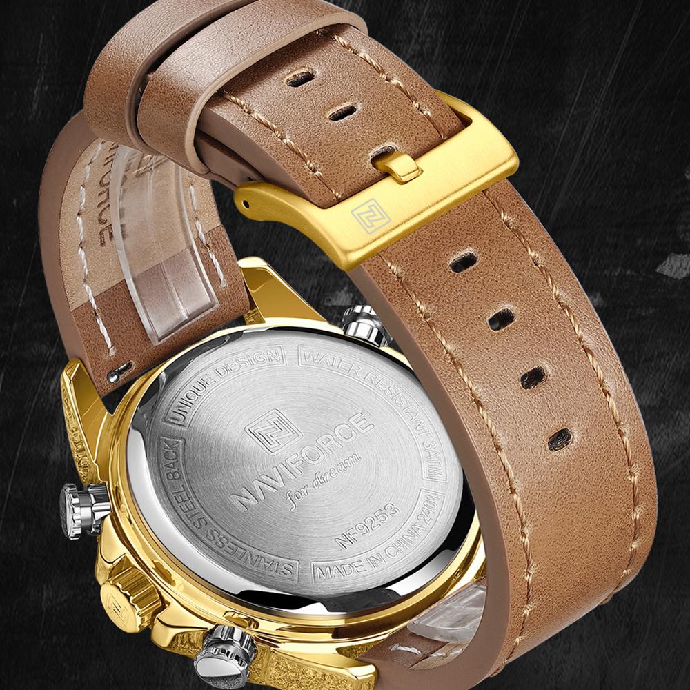 Naviforce Men's Leather Chronograph Quartz Watch Calendar Date 3ATM Waterproof Night Pattern Luminous Pointer Multifunctional Men's Watch NF9253L