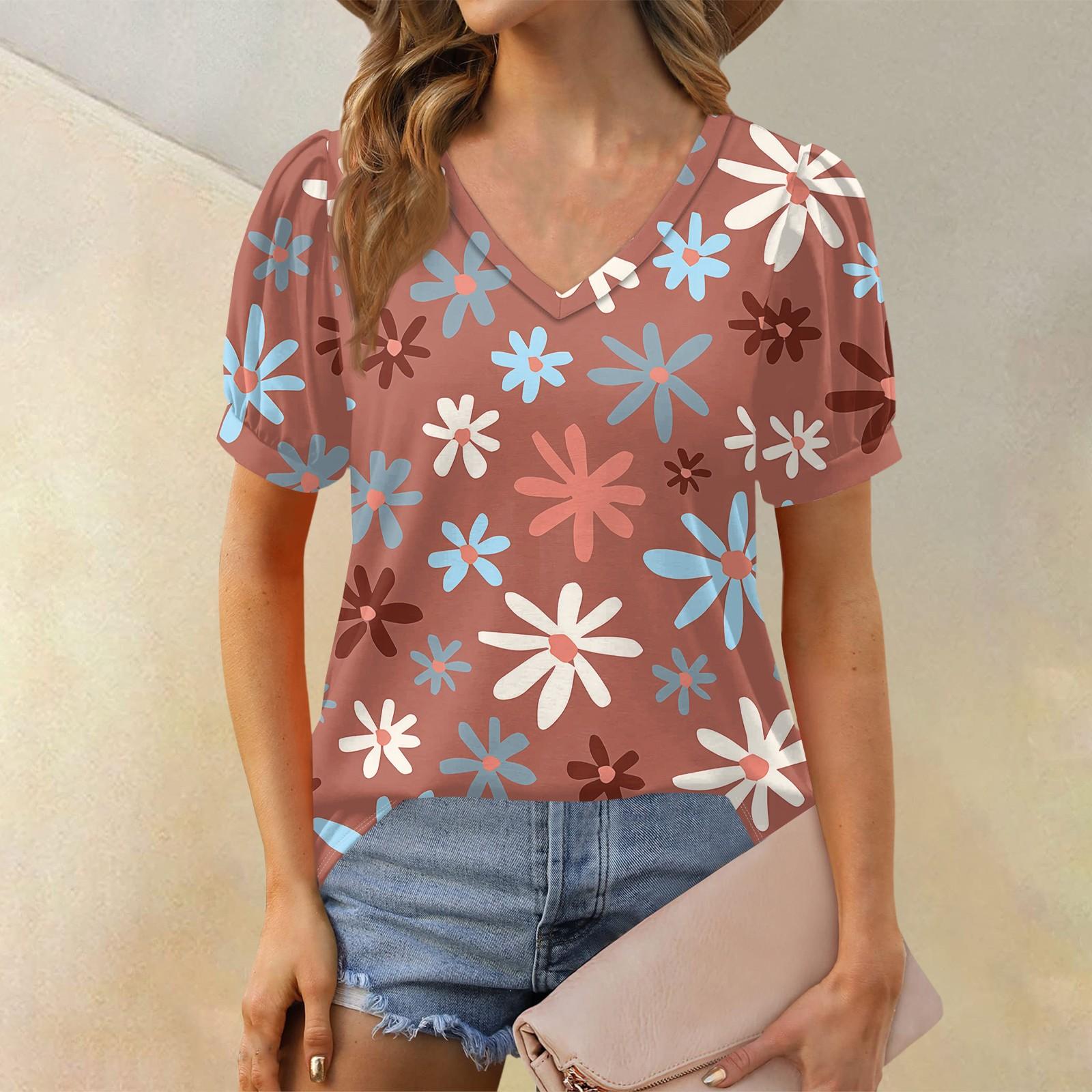 

Женские летние топы с коротким рукавом и V-образным вырезом, свободные повседневные футболки L коричневый