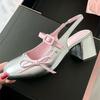 Fashion Sweet Bow Belt Buckle Women Sandals Fashion Round Toe Square Heel Mary Jane Shoes Simple Comfort Patent Leather Women Slide Shoe