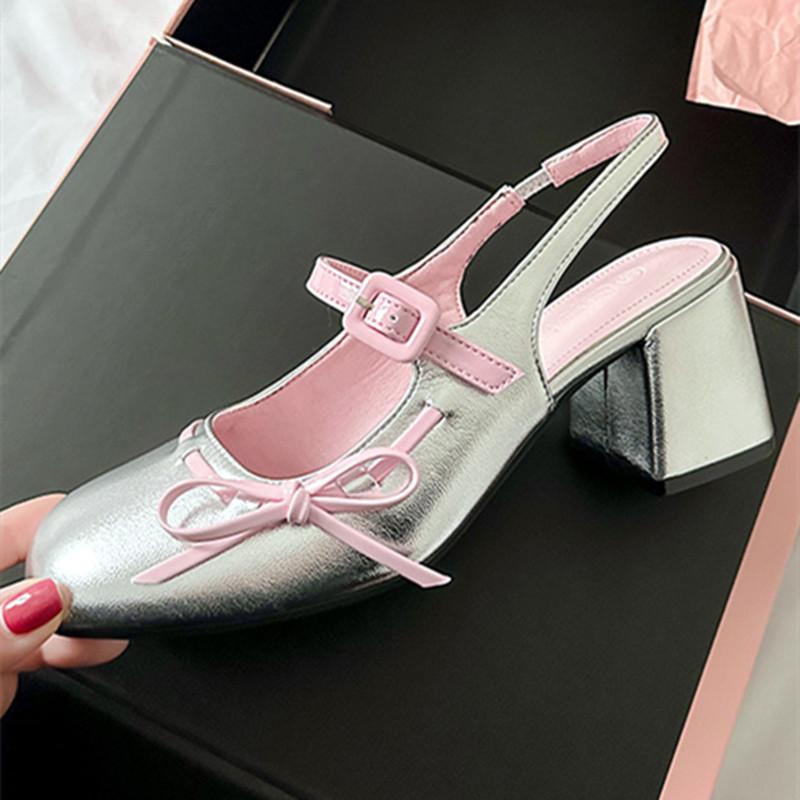 Fashion Sweet Bow Belt Buckle Women Sandals Fashion Round Toe Square Heel Mary Jane Shoes Simple Comfort Patent Leather Women Slide Shoe