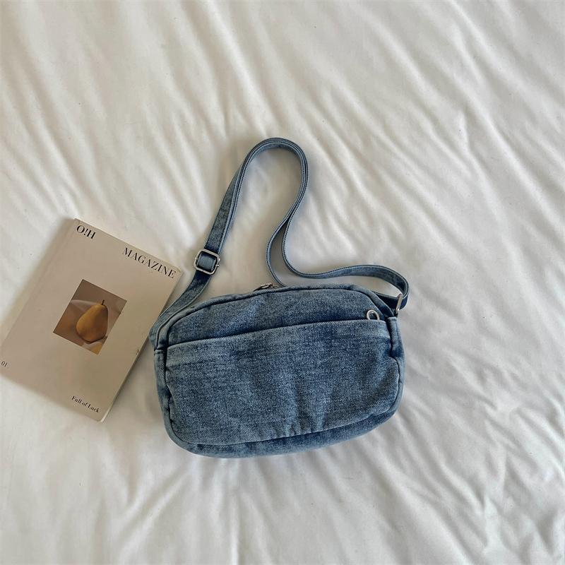 Washed Denim Crossbody Bag with Front Zipper Pocket and Decorative Chain Detail Casual Shoulder Purse for Women Daily