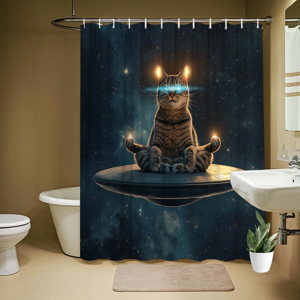 Cosmic Cat Meditation Bath Shower Curtain Galaxy Nebula Spiritual Pet Art Bathroom Decor