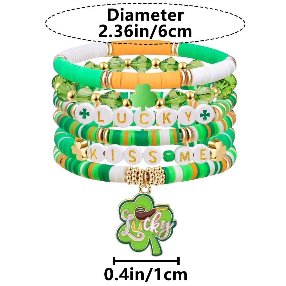 St. Patrick s Day Green Four-Leaf Clover Bracelet Set - Irish Festival Polymer Clay