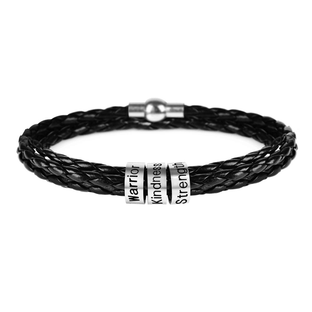 Lemegeton Custom Mens Bracelet 1-7 Names Engraved Beads Braided Leather Bracelets on Hand Personalized Jewelry Friendship Family