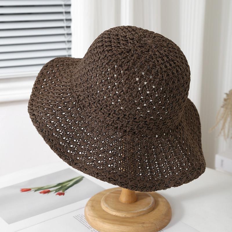 Japanese Simple Solid Color Hollow Bucket Hat Women'S Summer Thin Breathable Sunshade Eaves Foldable Sun Cap Gorras