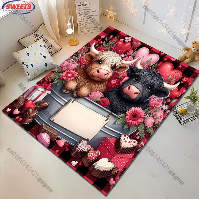 Pink Farmhouse Cow Rug with Floral and Heart Accents carpet for home sofa bedroom, gift