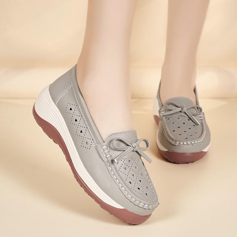 Women Platform Loafers Grey Summer Hollow Casual Elegant Leather Shoes Thick Sole Height Increase Shoes