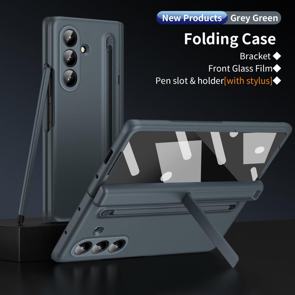 Phone Case For Samsung Galaxy Z Fold 7 Hinged Protection ,Shockproof PC + Tempered Glass Film Holder Back Cover With Pen slot and Stylus New