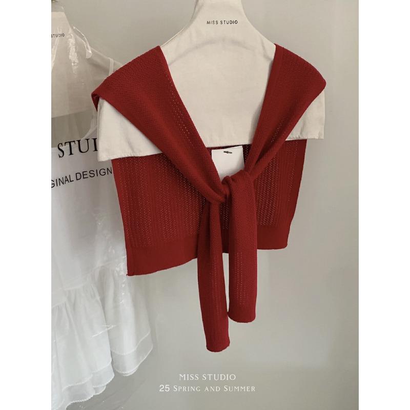 Solid color knitted small shawl fashionable versatile hollow high-end atmosphere white temperament outer small shawl