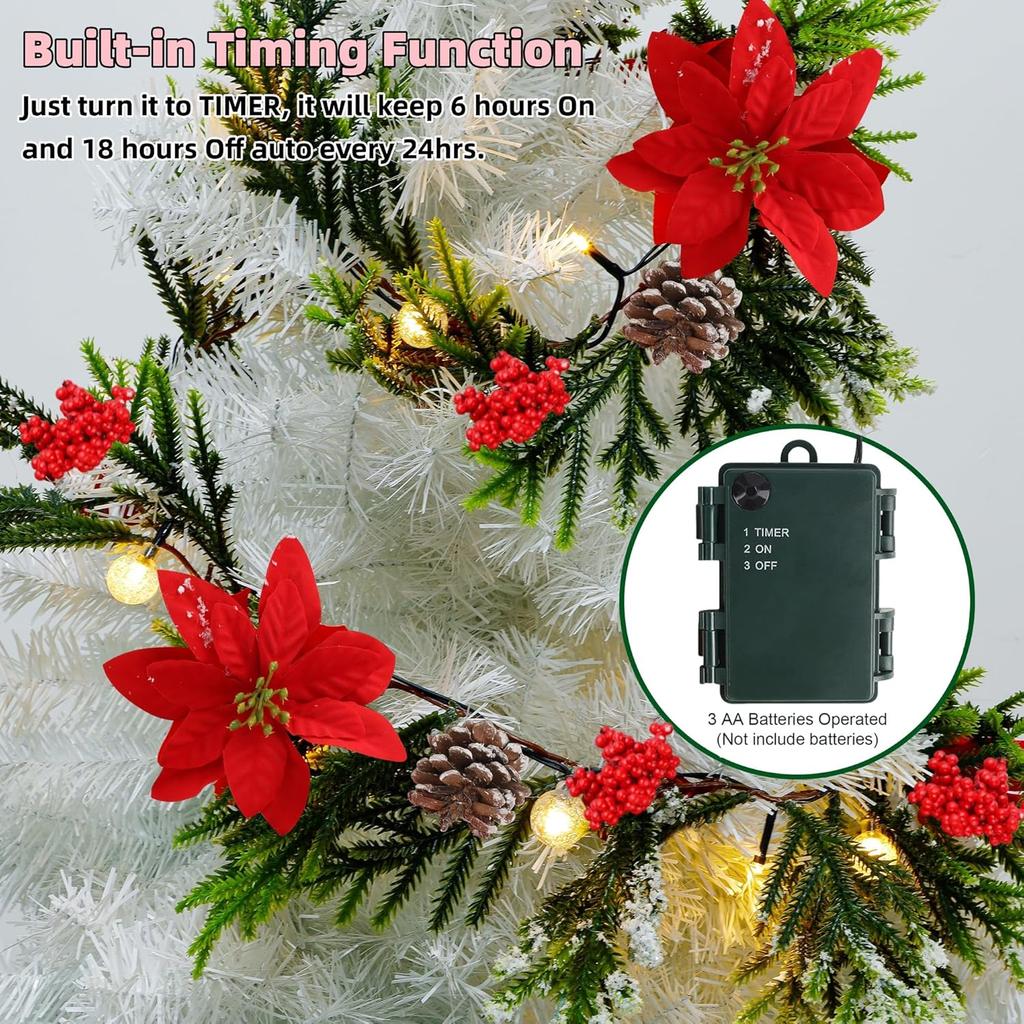 2 Pack 9' Pre-lit Flocked Christmas Garland, Lighted Poinsettia Spruce, Battery Operated, Green Red