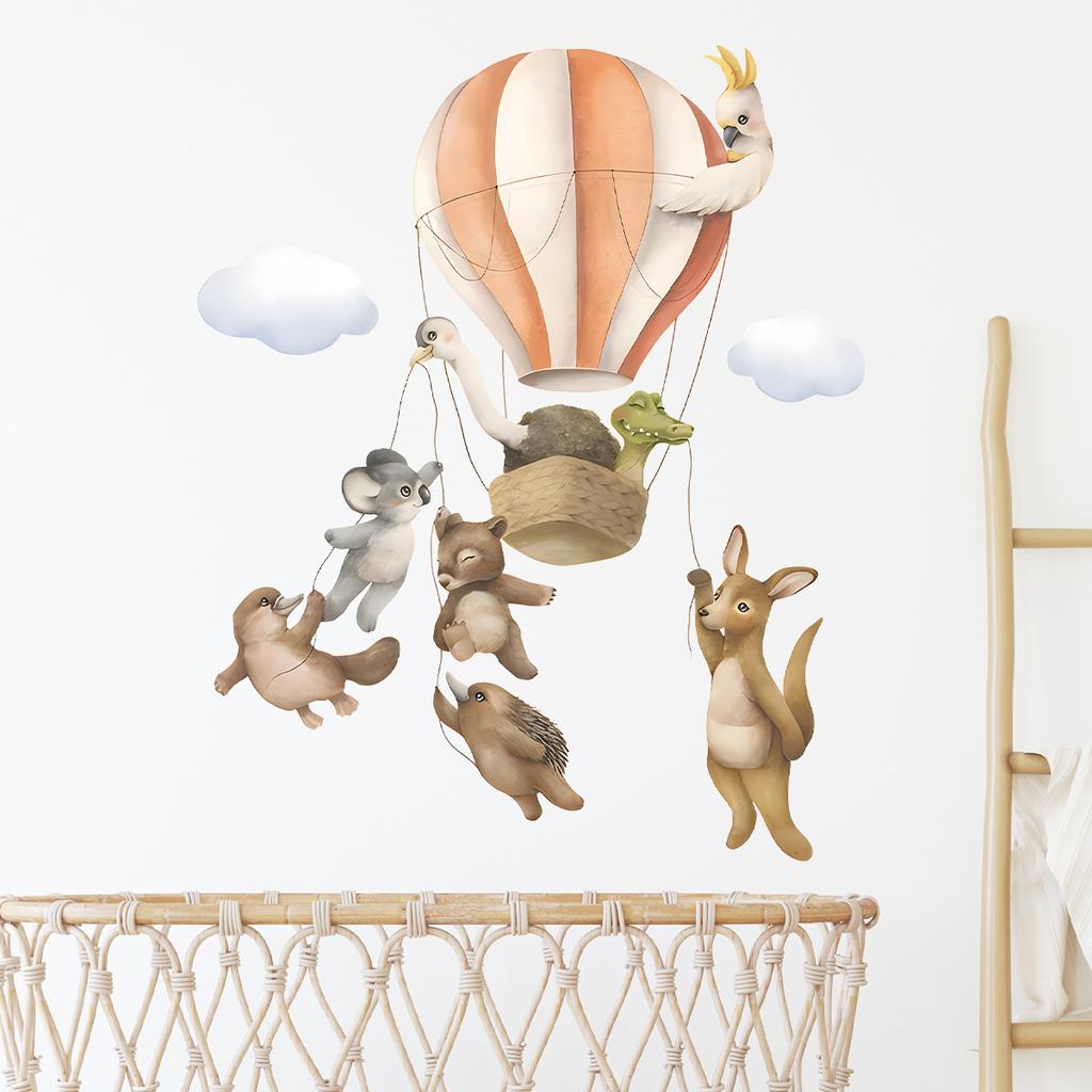 Cute Cartoon Animal Friends in Hot Air Balloon Wall Stickers, Self-Adhesive Adventure Decor for Kids Room Living Room Bedroom Decoration