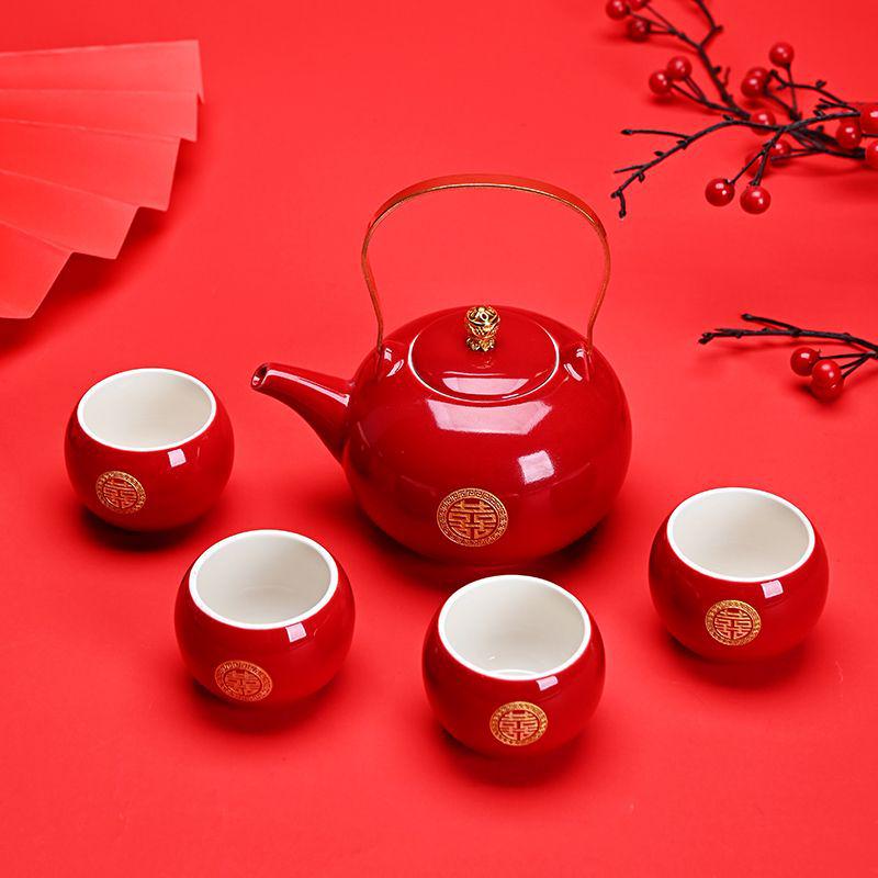 

Красный китайский свадебный чайный сервиз: Полный подарок с подносом для приданого невесты и чайником