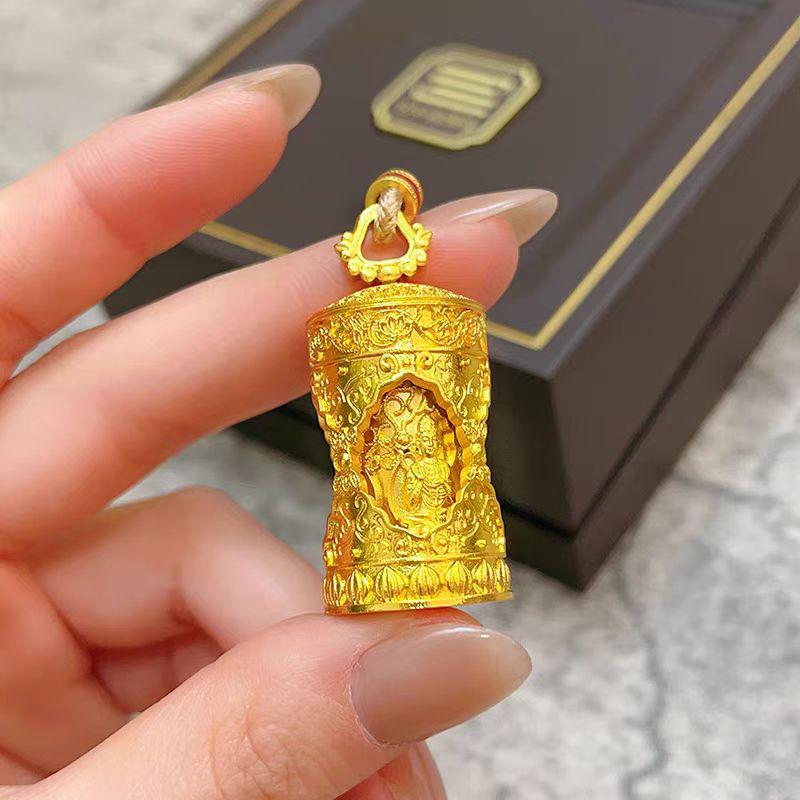 Gold Four-Faced Buddha Prayer Wheel Pendant with Rotatable Sand Gold Barrel Chain
