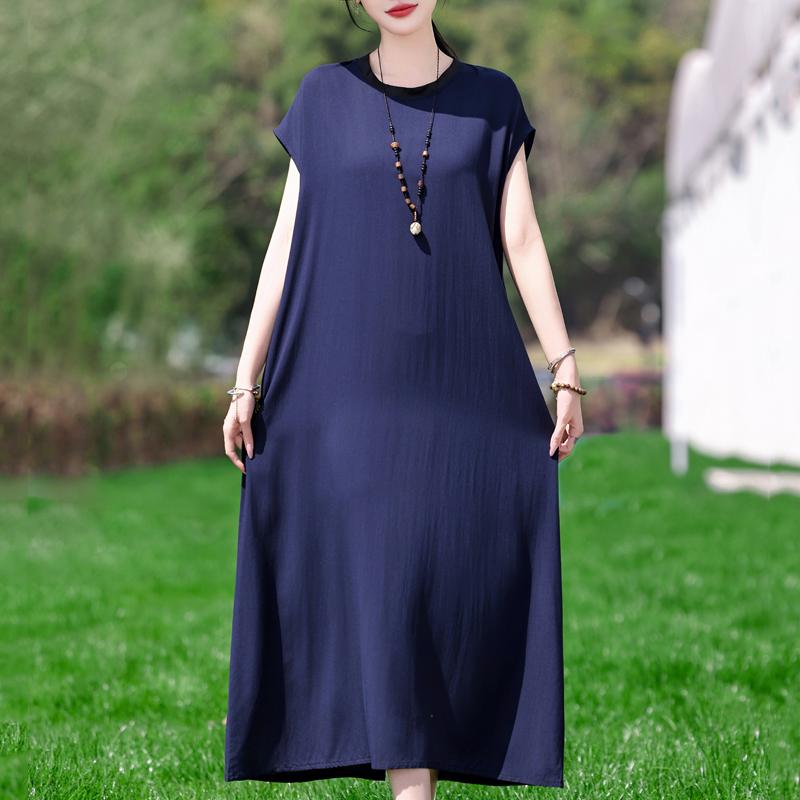 

Women s Plus Size Printed Drawstring Long Dress – Casual Summer Dress (XL-3XL) 3XL темно-синього кольору