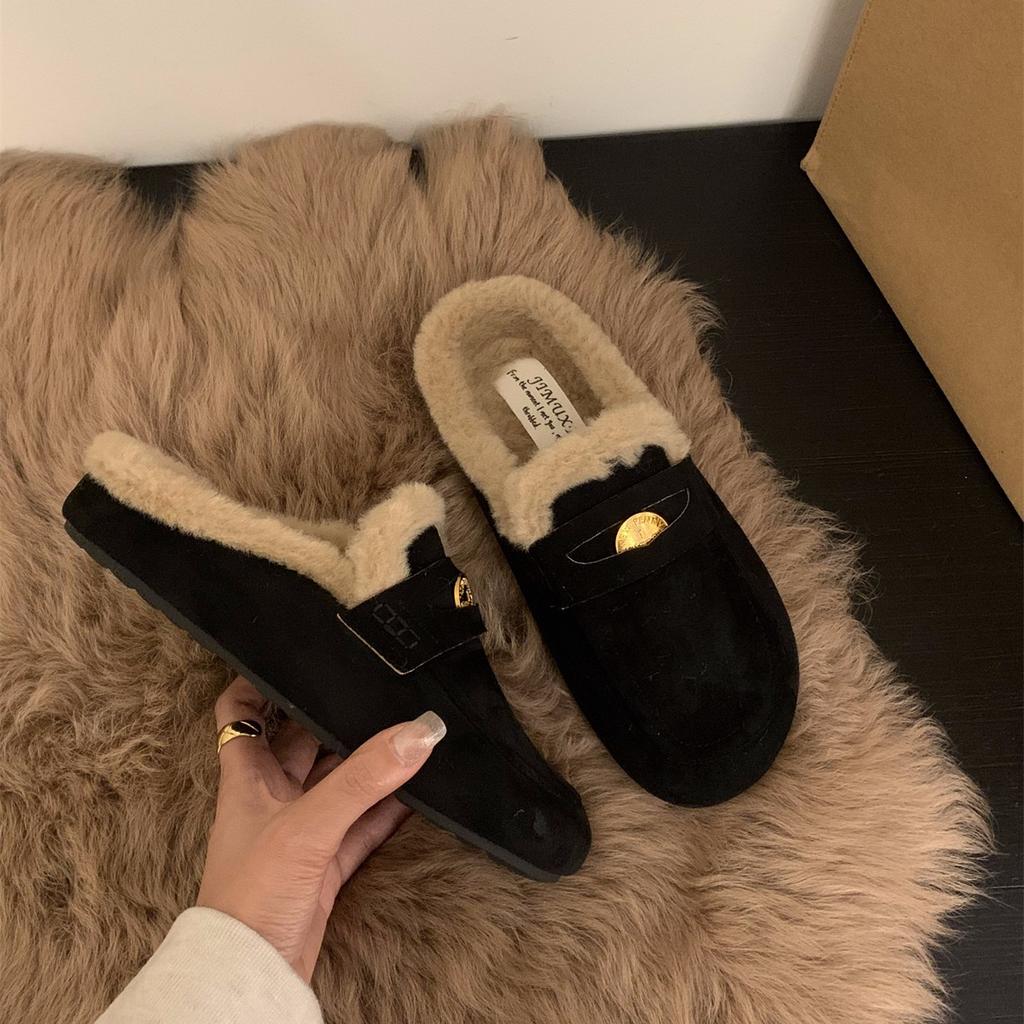 Thick-soled Plush Shoes Bag Head Half Slippers Women's Shoes Wear 2025 Autumn and Winter Half Toboken Shoes
