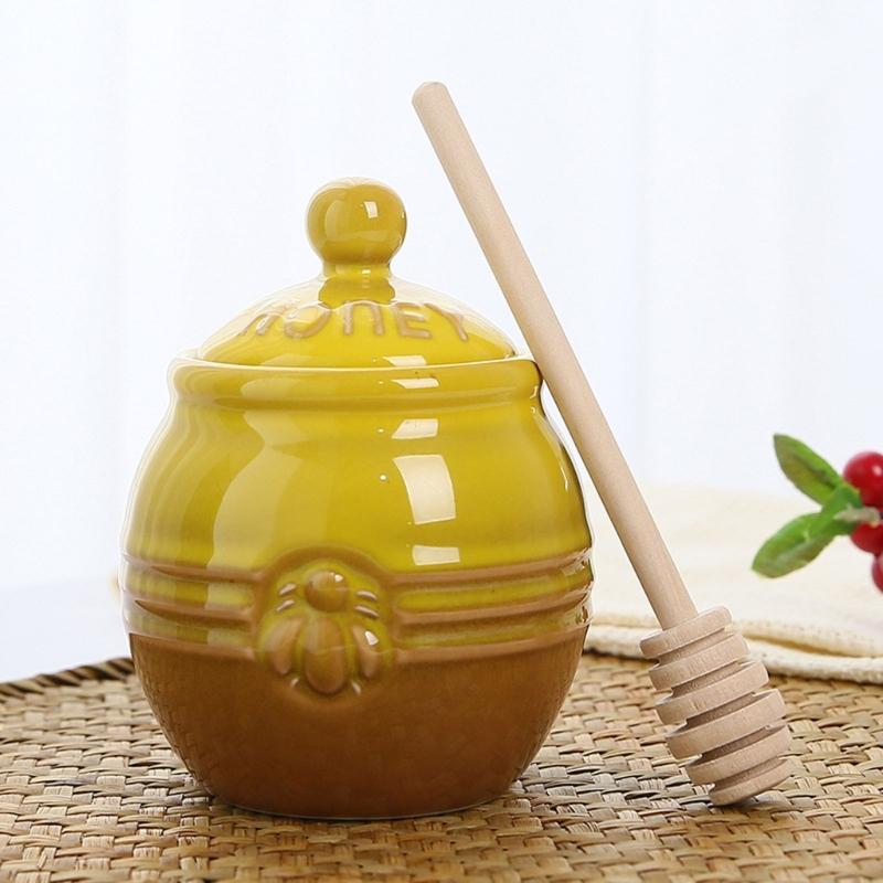 Set Retro di Vasi per Miele con Bastoncino di Legno Contenitore Ceramico Artigianale e Mescolino in Legno per la Cucina di Casa