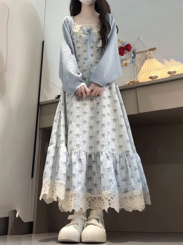2026 Summer Korean Gentle Lace Patchwork College-Style Waist-Cinched Floral Dress with Doll Collar