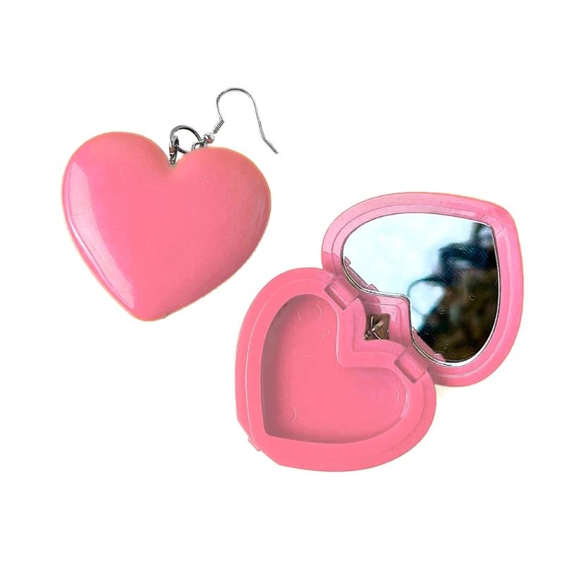 Minimalist Red Heart Earring with Mirror Pendant Hook Earring Jewelry Gift Acrylic Cosmetic Case Dangle Earring Women