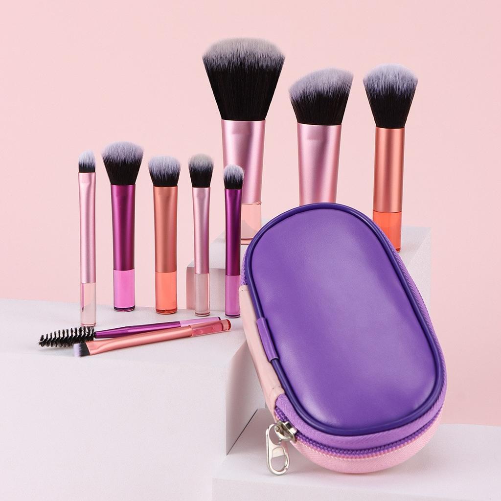 Makeup Brush Set 10 Piece Essential Travel Makeup Kit Face Synthetic Hair Brushes with Transparent Crystal Handle