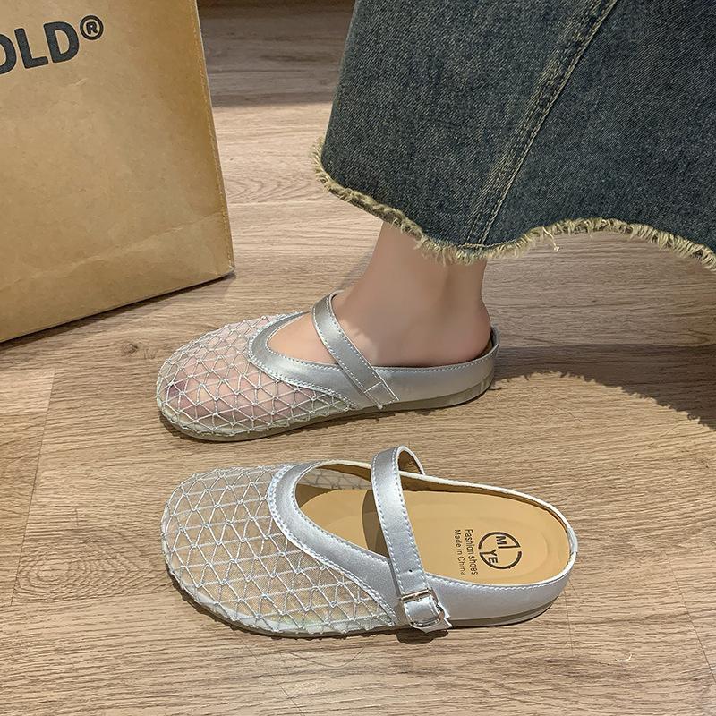 Französischer Beutelkopf mit flachem Boden, Halbschuhe, Damen-Außenschuhe, neue atmungsaktive und bequeme Sandalen mit weicher Sohle aus Mesh für Sommer 2025