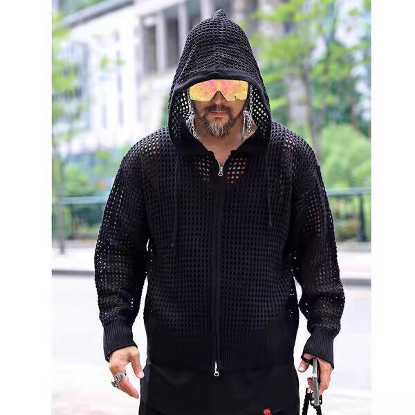 Men's European Mesh Knit Hooded Cardigan Sweater – Sun Protection & Long Sleeve
