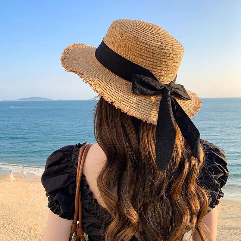 Seaside Beach Vacation Sunscreen Hat Flower New Cute Hollow Woven Summer Visor Big Brim Bucket Hat