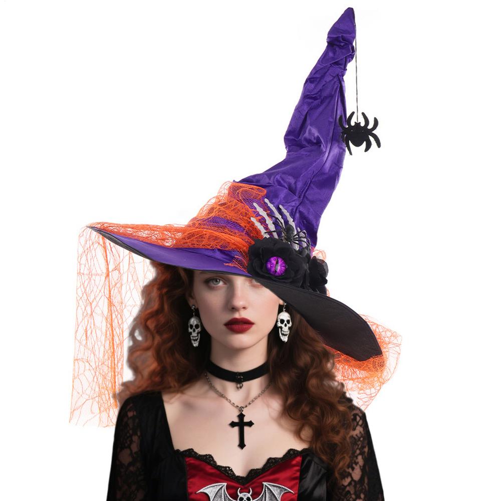 Halloween Witches Hat Lace Wide Brim Pointed Headdress Halloween Spider Adult Witch Hat For Prom Masquerade Event Party Decors