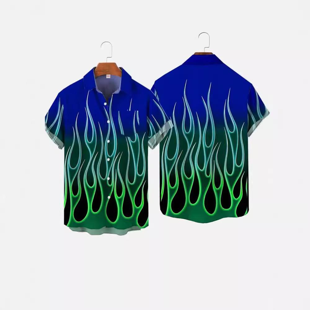 Tendenza nuova strada hip-hop Haraan fiamma stampa 1D casual larga manica corta camicia cardigan uomo estate e autunno