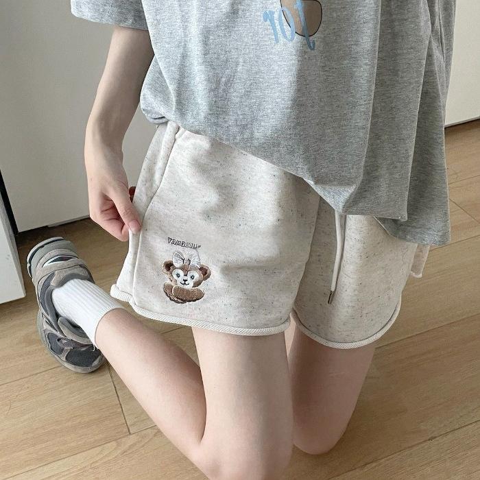 

Summer well-behaved bear~ sweet and cute embroidered casual shorts for women s loose and thin wide-leg five-point sweatpants S