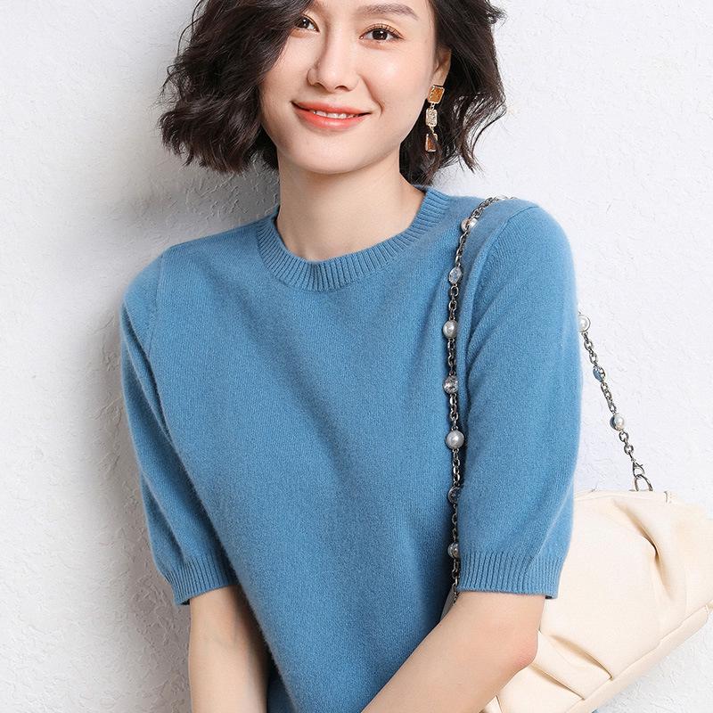 2025 Spring/Autumn Women's Knitwear: Short Sleeve Wool Cardigan with Round Neck