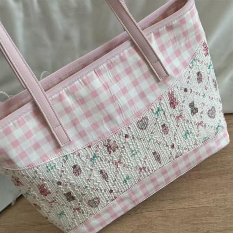 JIAERDI Sweet Cute Pink Plaid Tote Bag Women Harajuku Romantic Lace Detail Shoulder Bags Female Large Capacity Casual Handbag
