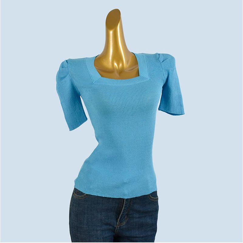 French style Retro Square Collar Puff sleeve Knit Short sleeve Women 2025 Summer Slim fit Slimming Versatile Top