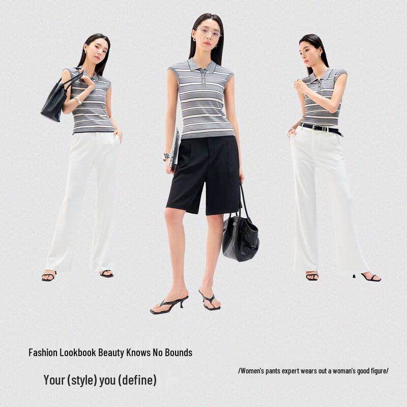 Top de Punto Rayado Elegante Sencillo con Cuello Polo para Mujer YERAD