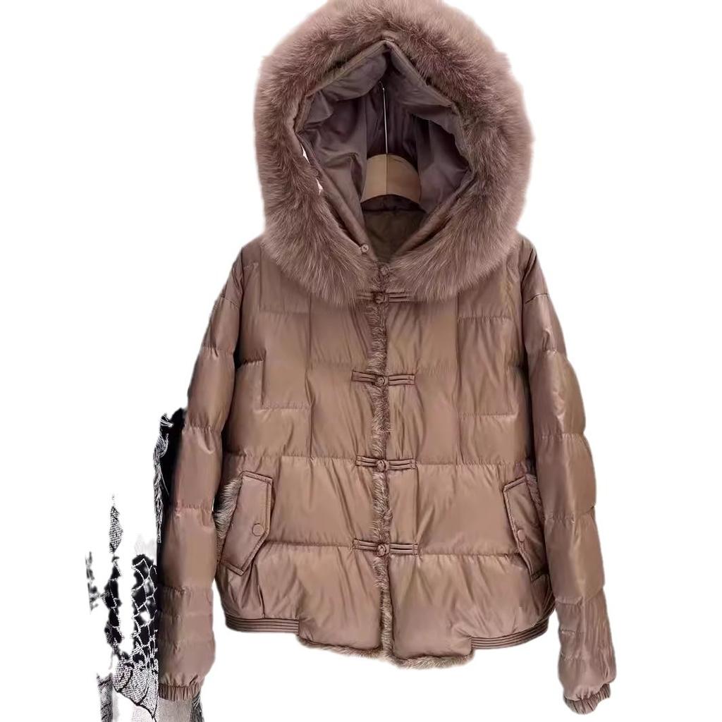 Autumn and Winter New Fox Hair Big Fur Collar Hooded Down Jacket Women's Short Mink Hair Chinese Style Buckle Jacket