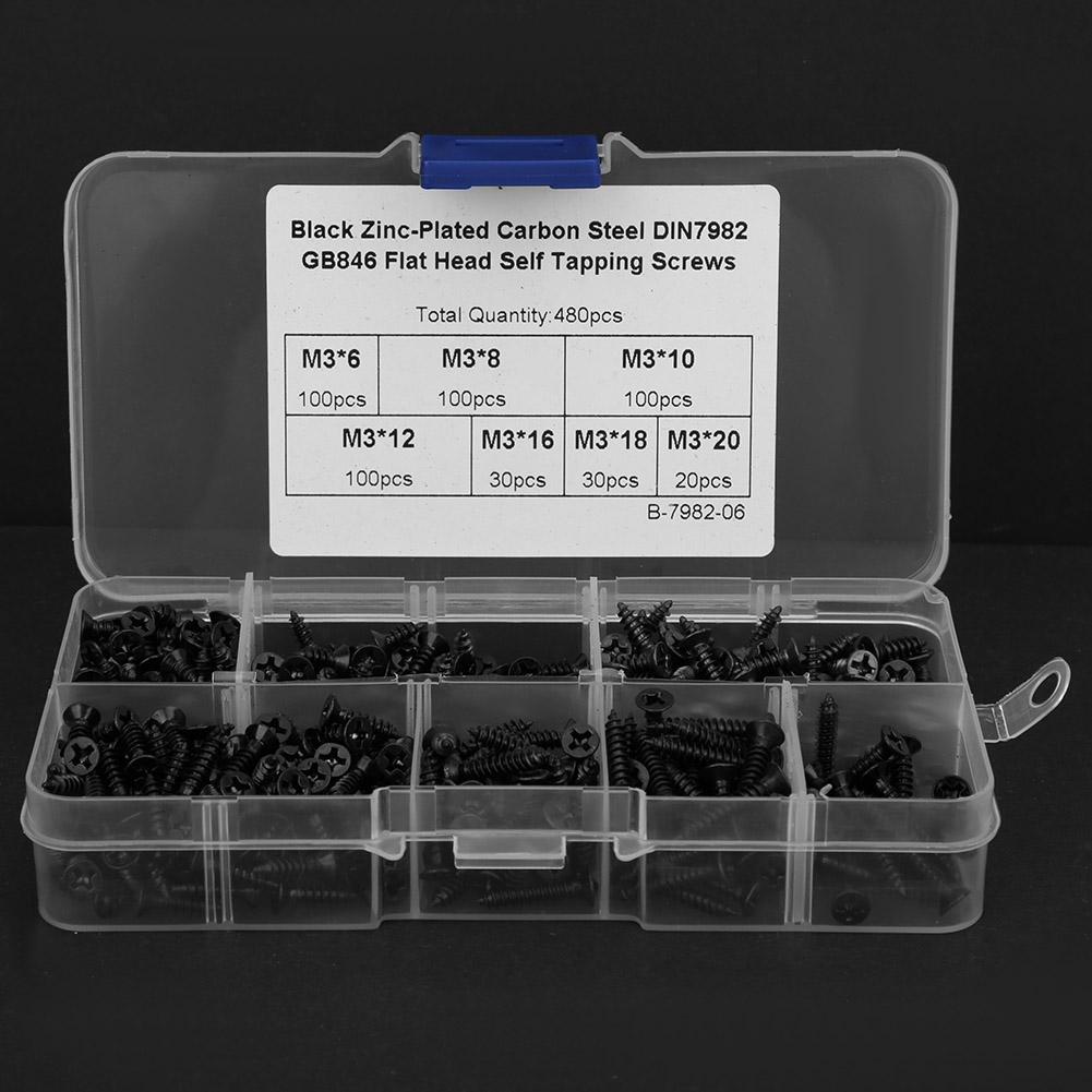 480Pcs Self Tapping Screw M3 Flat Head Cross Carbon Steel Hardware Fasteners Black Nickel Plating(Carbon Steel Black )