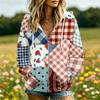 Damen Retro-Print Kapuzenjacke Langarm mit und Taschen für Freizeitkleidung