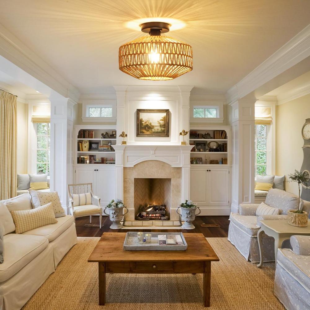 Rattan Ceiling Lamp E27 LED Lights Hand Woven Bedroom Hanging Lamp for Ceiling Light Modern Home Decoration Light Fixture 30CM