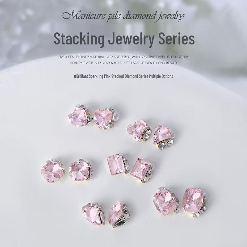 

3D Rhinestone Pearl Nail Art: Asymmetrical Heart & Pink Diamond Rectangle (2 Pieces)