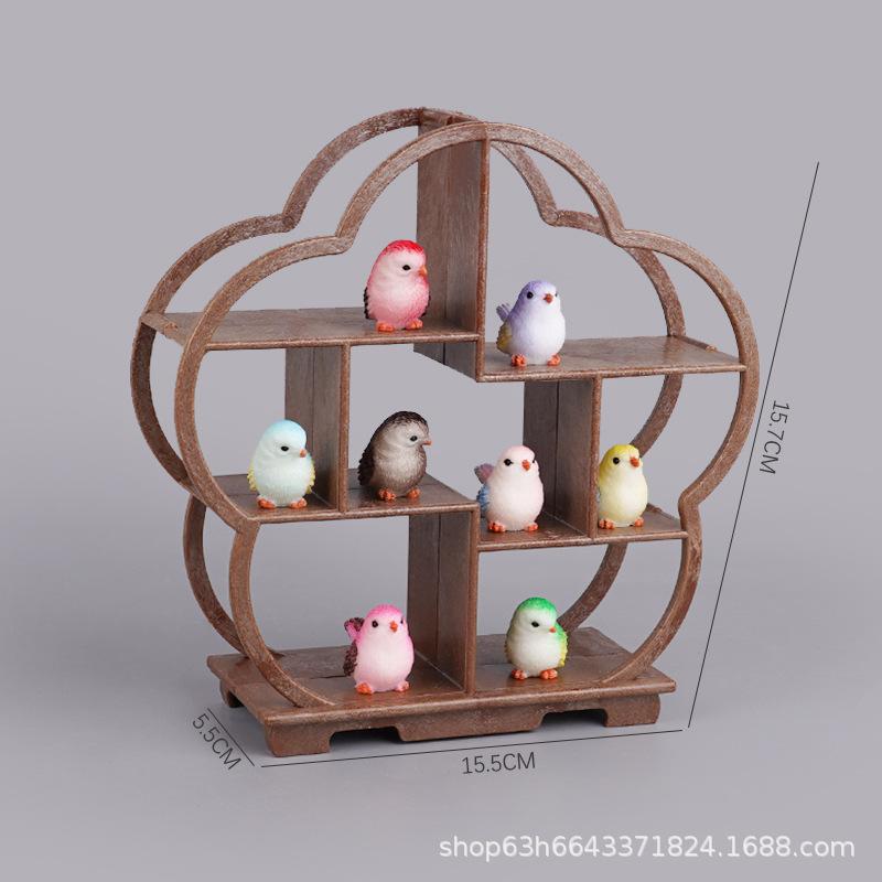 Vintage Bogu Rack Cartoon Mini Colored Birds Doll House Plum Blossom Display Rack Resin Crafts Animal Toys