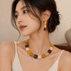 Resin Stud Earrings Amber Color Neck Chain Fashion Necklace Earrings Set for Women