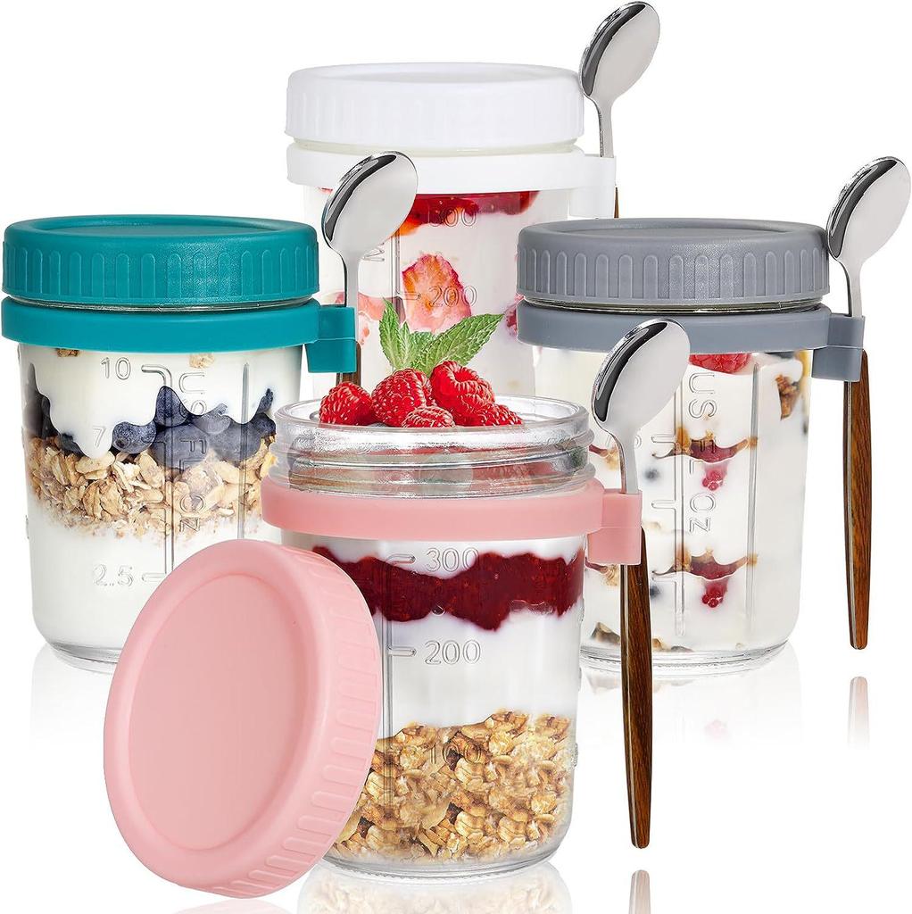 Overnight Oats Yogurt & Milk Jar with Spoon and Lid, 12oz Breakfast Cup